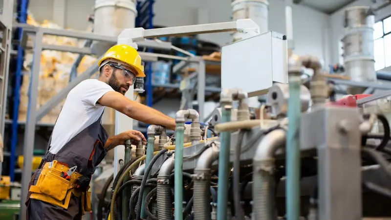 ingeniero dando mantenimiento a una máquina en una fábrica