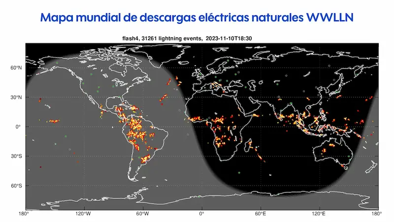 mapa de descargas eléctricas en el mundo